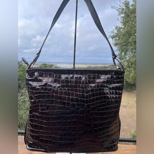EUC Brighton Cher in Brown Croc Embossed Patent Leather Hobo Shoulder Bag
